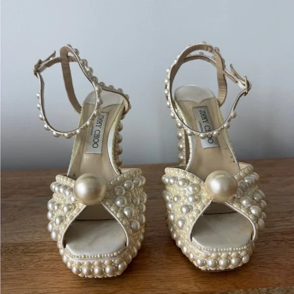 Jimmy Choo Sacaria Platform 120: Pearl-Studded Ivory Heels - Picture 3 of 10
